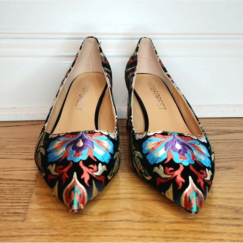 Floral Fabric Patterned Women's Block Heel Pumps Size 9 Multicolor